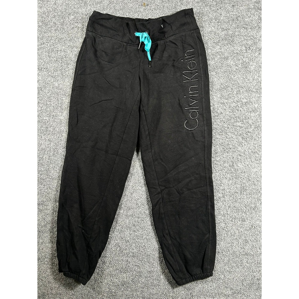 Calvin Klein Sweatpants Womens Size S Black Logo Joggers Teal Drawstring Fleece